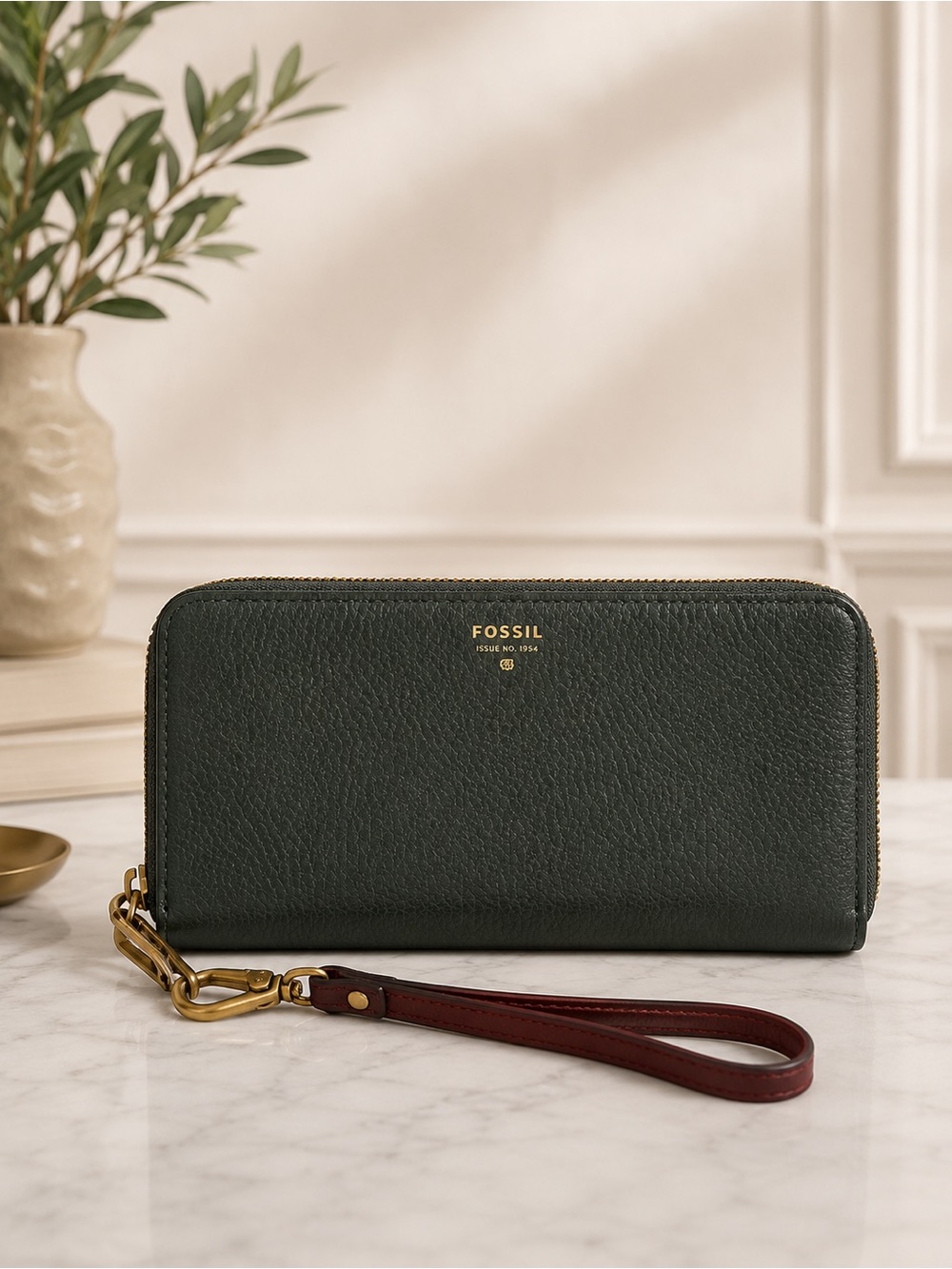 Fossil Green Leather Zip Around Wallet Wristlet Clutch
